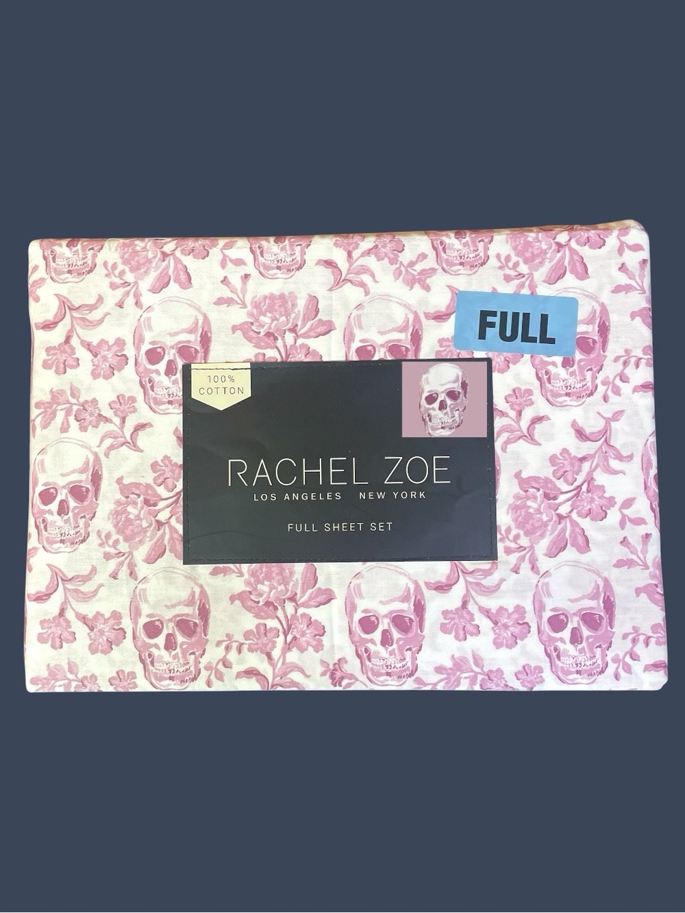 Rachel Zoe Halloween 4pc DP Full Sheet Set White Pink Skulls Floral Goth NEW NIP